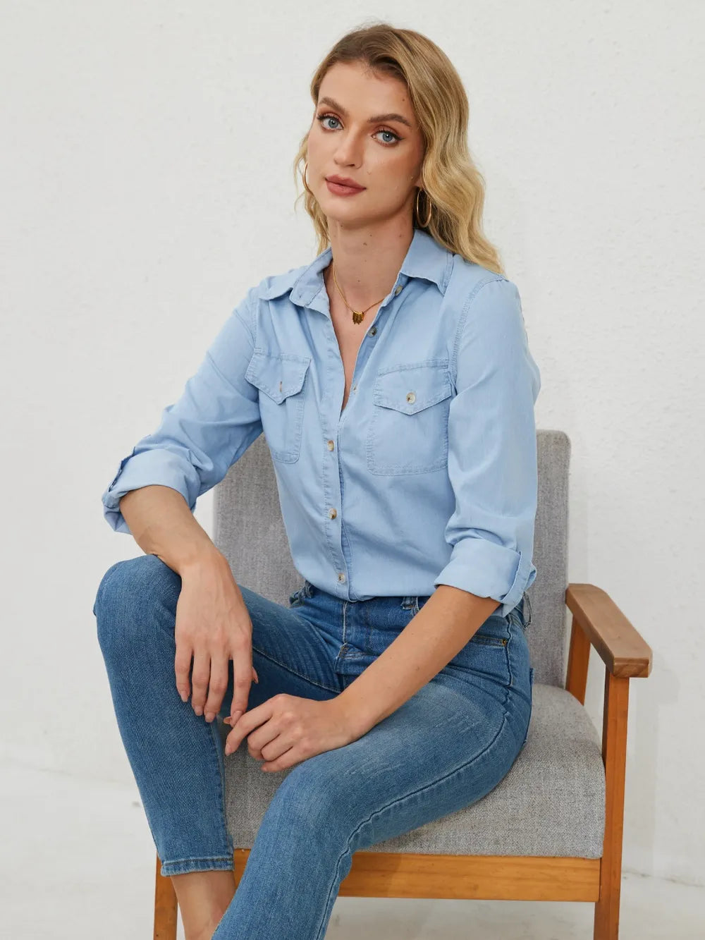 Pocketed Button Up Long Sleeve Denim Shirt - Women / Jeans & Denim by Trendsi | Available at Handbags Specialist Headquarter