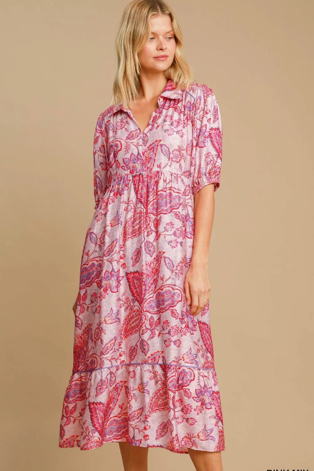 Umgee Full Size Ruffled Hem Floral Paisley Print Half Sleeve Midi Dress Plus Size - Dresses by Trendsi | Available at Handbags Specialist Headquarter