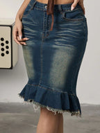 Raw Hem Mermaid Denim Skirt - Women / Jeans & Denim by Trendsi | Available at Handbags Specialist Headquarter