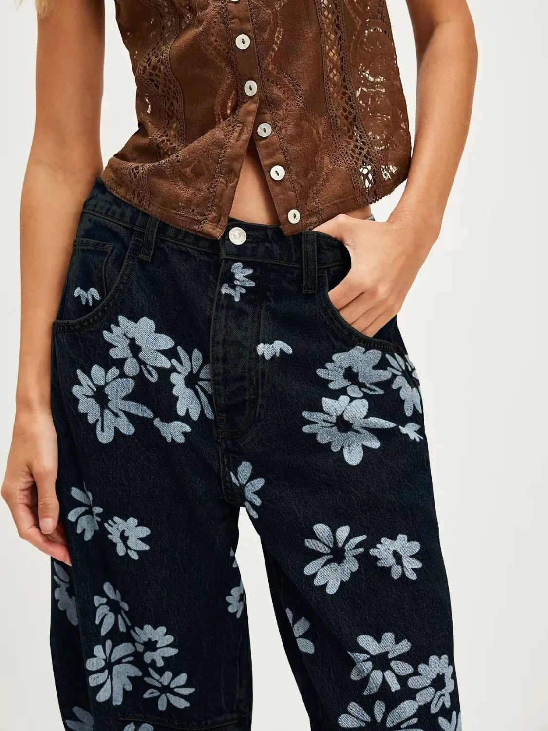 Printed Wide Leg Jeans - Women / Jeans & Denim by Trendsi | Available at Handbags Specialist Headquarter