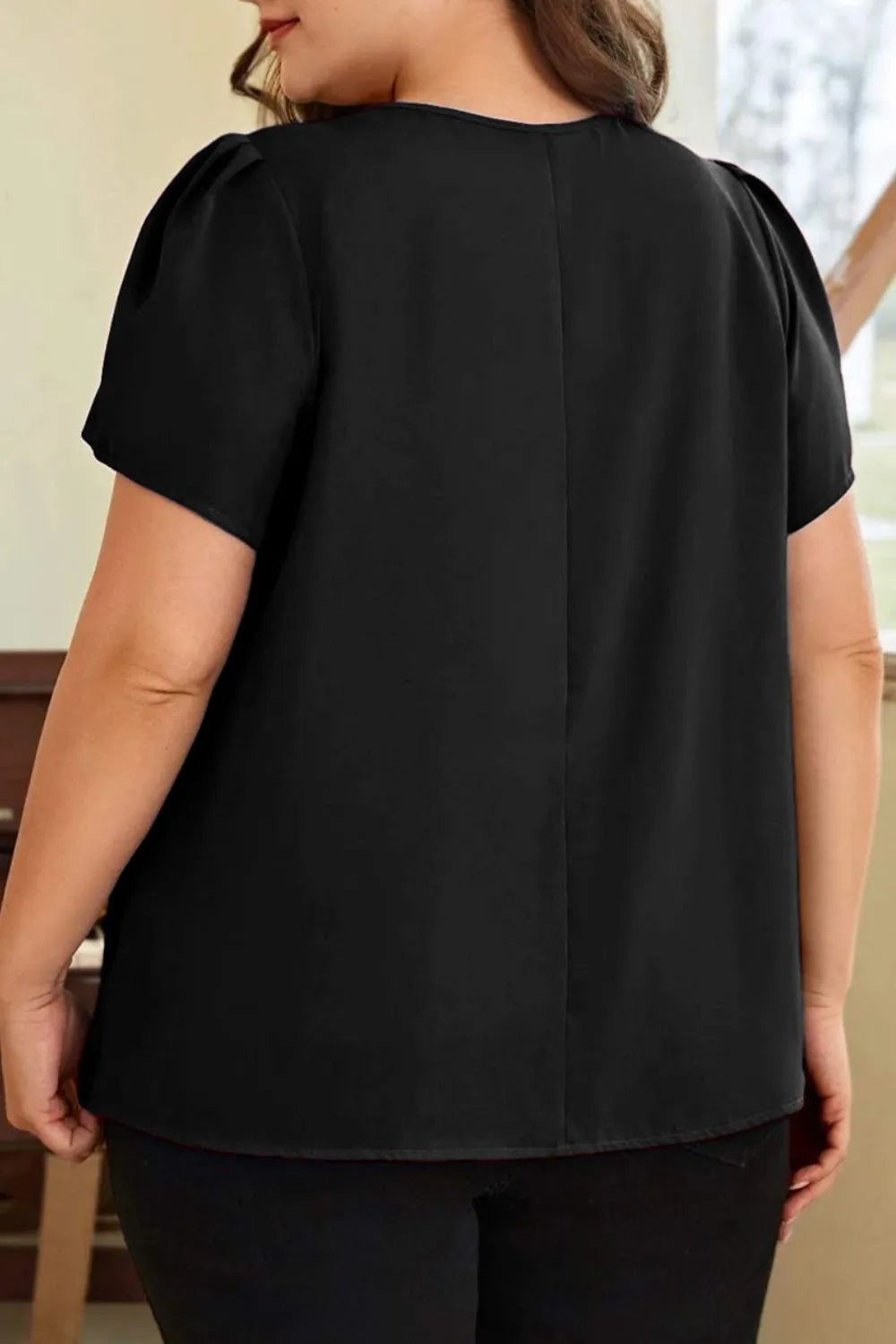 Plus Size Round Neck Short Sleeve Blouse - Plus Size Shirts by Trendsi | Available at Handbags Specialist Headquarter