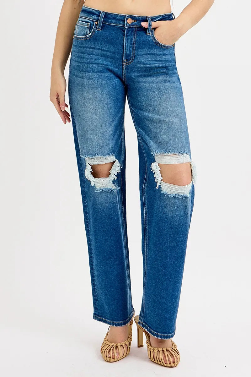 RISEN Full Size Mid Waist Fit Boyfriend Knee Distressed Jeans Plus Size - Women / Jeans & Denim by Trendsi | Available at Handbags Specialist Headquarter