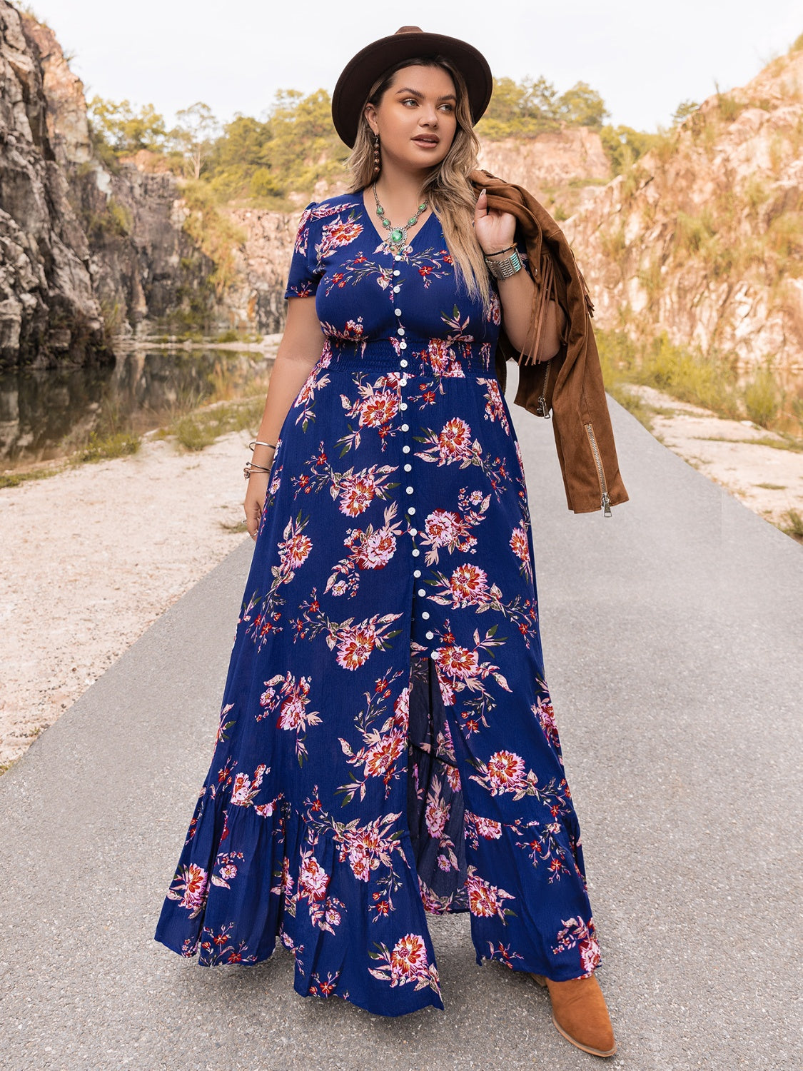 Plus Size V-Neck Maxi Dress - Dresses by Trendsi | Available at Handbags Specialist Headquarter