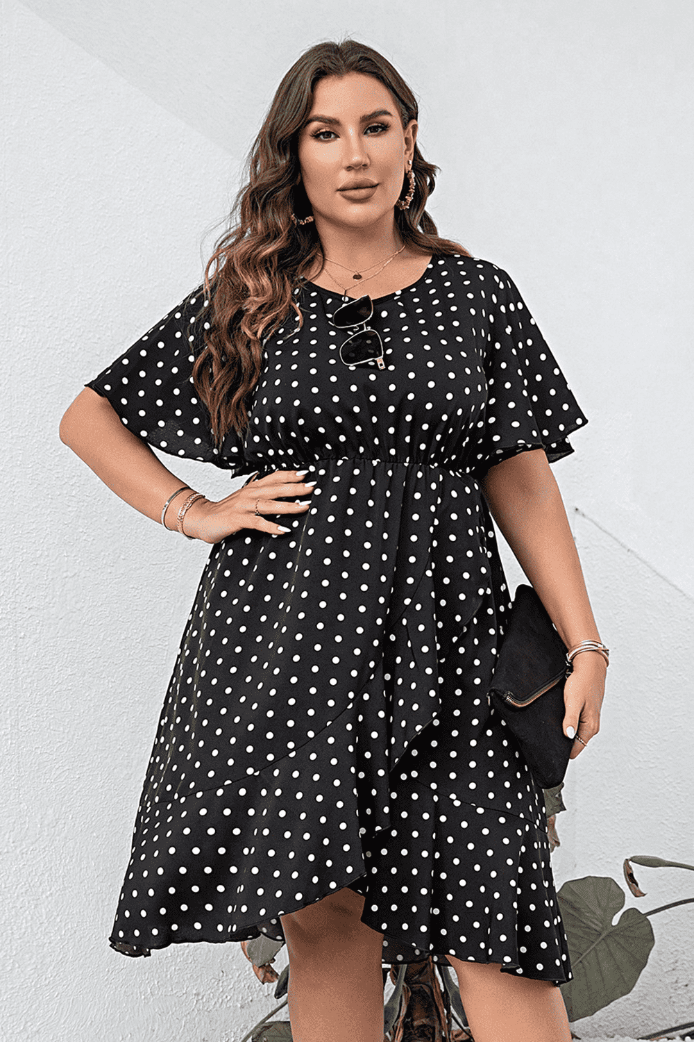 Plus Size Polka Dot Flutter Sleeve Dress - Dresses by Trendsi | Available at Handbags Specialist Headquarter