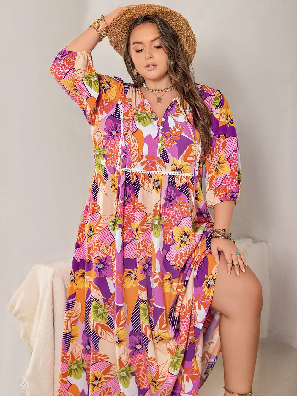 Plus Size Printed Tie Neck Maxi Dress - Dresses by Trendsi | Available at Handbags Specialist Headquarter