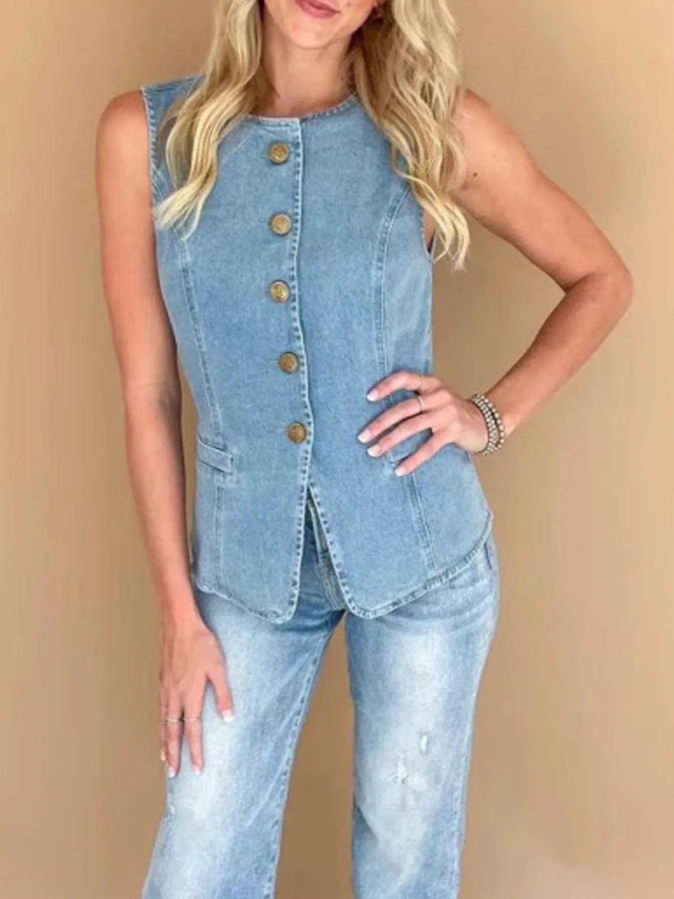 Sleeveless Button-Front Denim Vest - Women / Jeans & Denim by Trendsi | Available at Handbags Specialist Headquarter