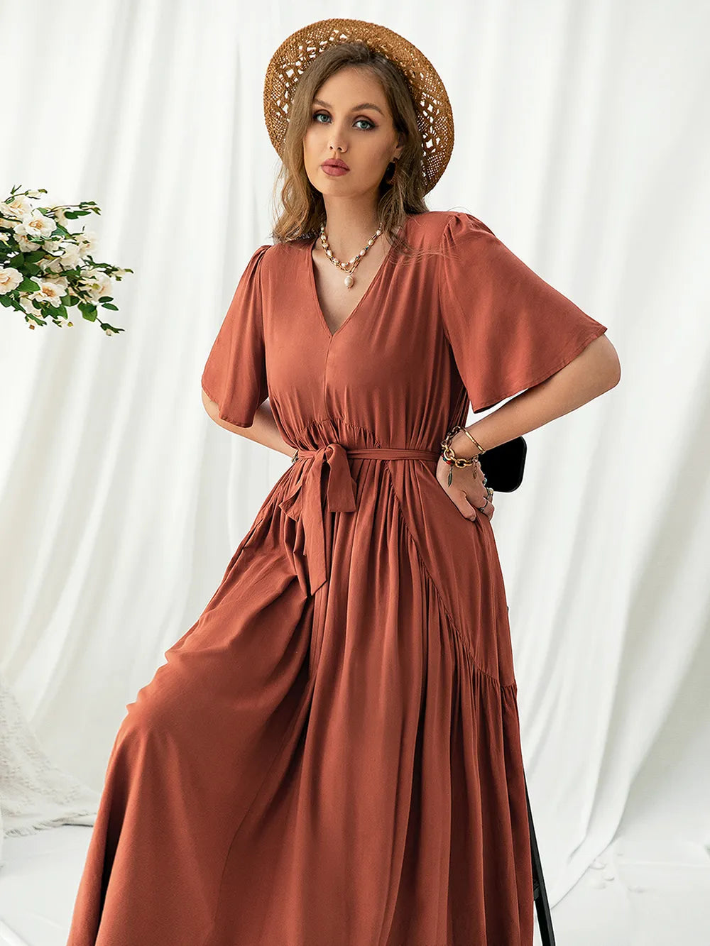 Plus Size V-Neck Flutter Sleeve Midi Dress - Dresses by Trendsi | Available at Handbags Specialist Headquarter