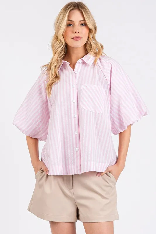 Mittoshop Button Down Striped Puff Sleeve Shirt - Women's Down Shirt Tops by Trendsi | Available at Handbags Specialist Headquarter