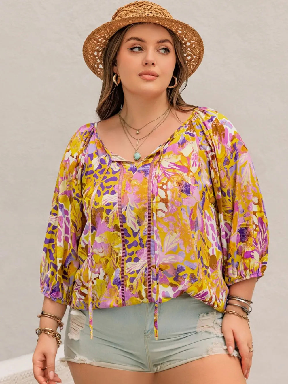 Plus Size Printed Tie Neck Blouse - Plus Size Shirts by Trendsi | Available at Handbags Specialist Headquarter