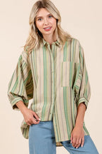 Mittoshop Striped Bubble Sleeve Button Down Shirt - Women's Down Shirt Tops by Trendsi | Available at Handbags Specialist Headquarter