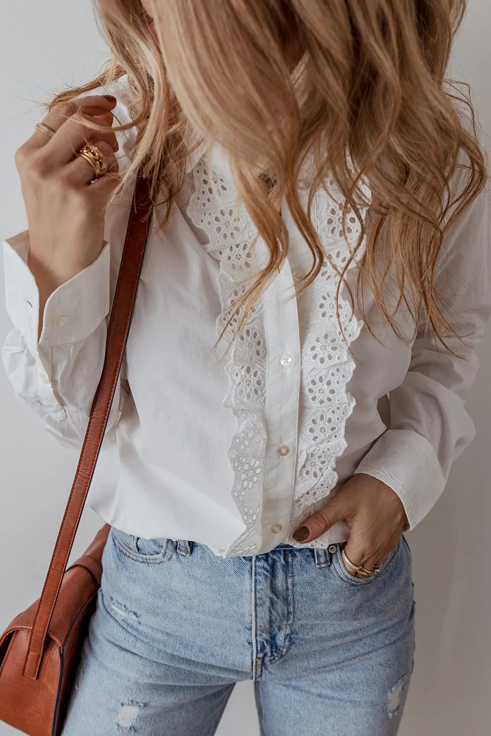 Eyelet Button Down Long Sleeve Shirt - Women's Down Shirt Tops by Trendsi | Available at Handbags Specialist Headquarter