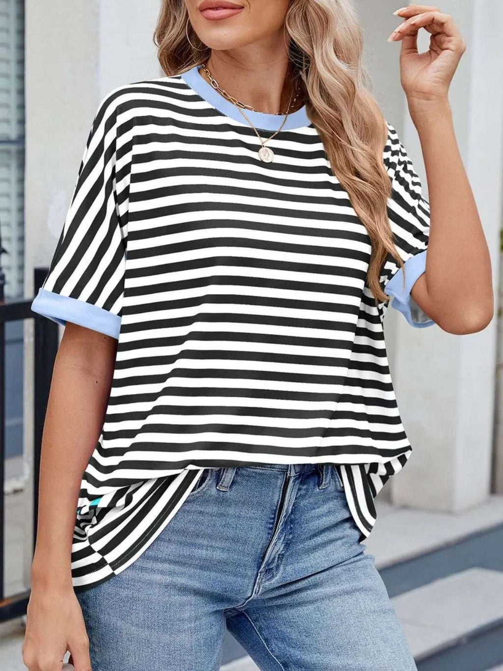 Striped Round Neck Half Sleeve T-Shirt - Women / Tops by Trendsi | Available at Handbags Specialist Headquarter