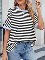 Striped Round Neck Half Sleeve T-Shirt - Women / Tops by Trendsi | Available at Handbags Specialist Headquarter