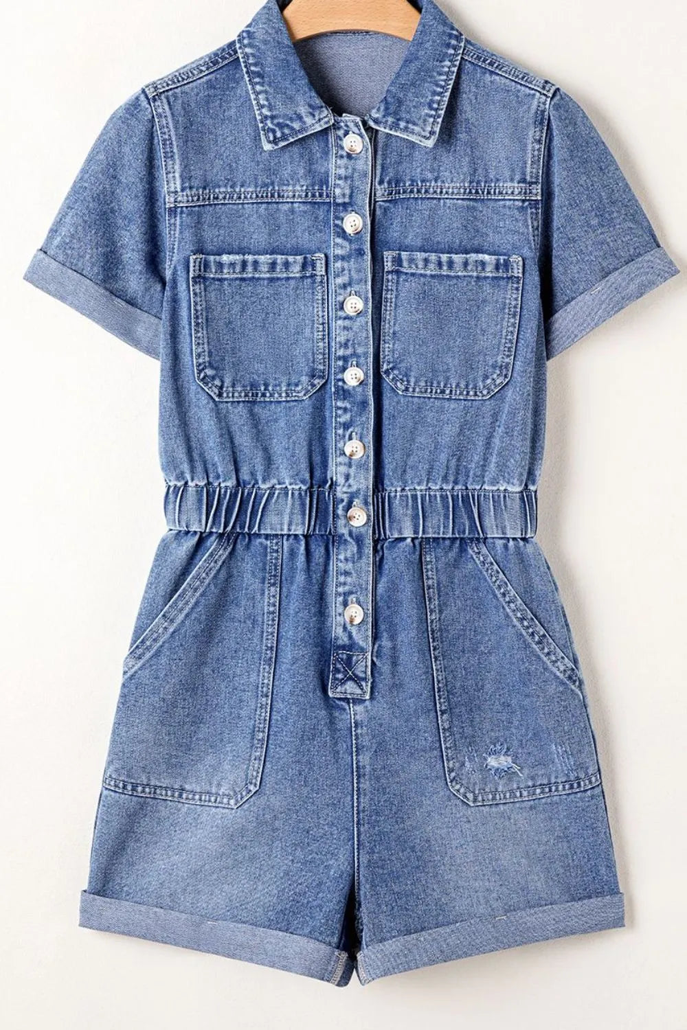 Chest Pocket Front Buttoned Folded Edge Denim Short Sleeve Romper - Women / Jeans & Denim by Trendsi | Available at Handbags Specialist Headquarter