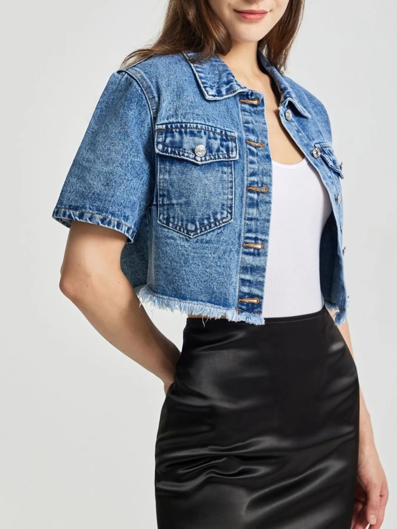 Cropped Short Sleeve Denim Jacket with Frayed Hem - Women / Jeans & Denim by Trendsi | Available at Handbags Specialist Headquarter