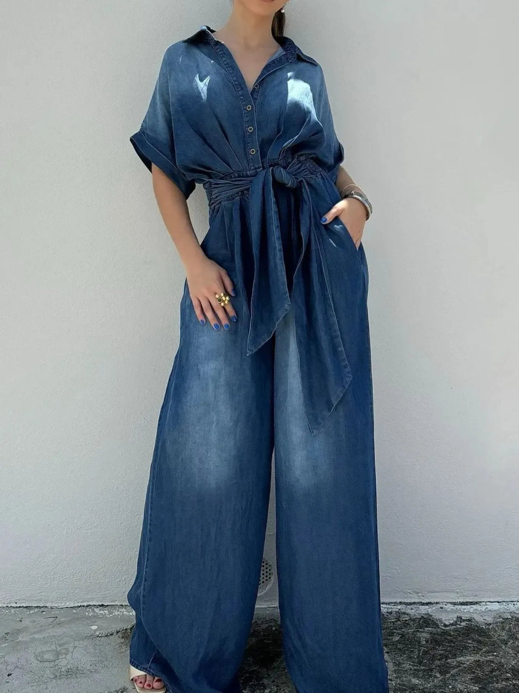 Button Front Wide Leg Denim Jumpsuit - Women / Jeans & Denim by Trendsi | Available at Handbags Specialist Headquarter