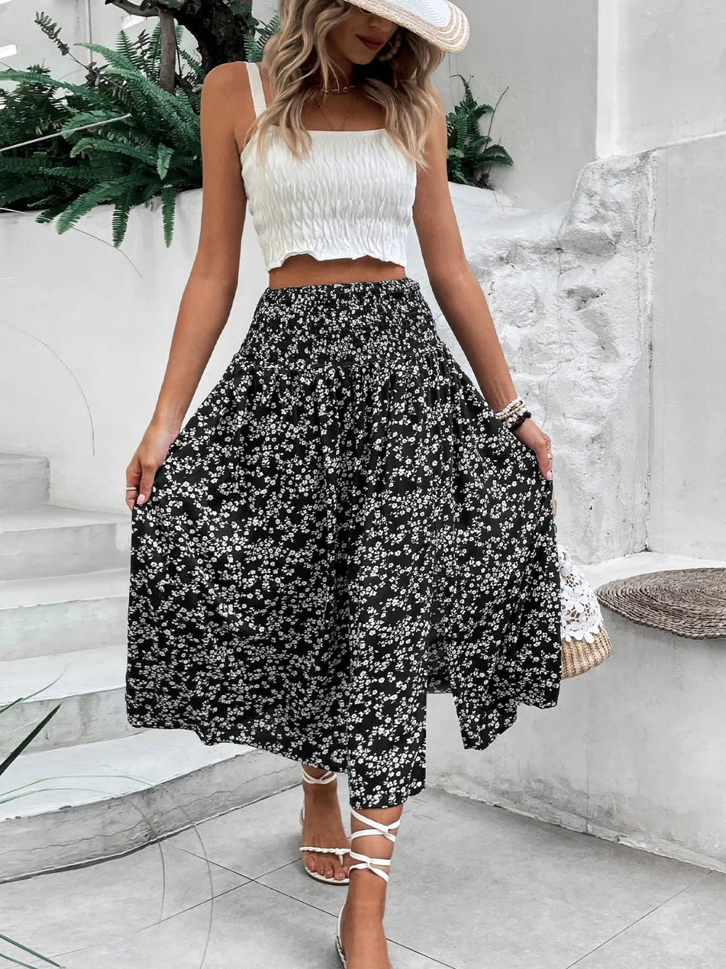 Slit Smocked Printed Skirt - Skirts by Trendsi | Available at Handbags Specialist Headquarter