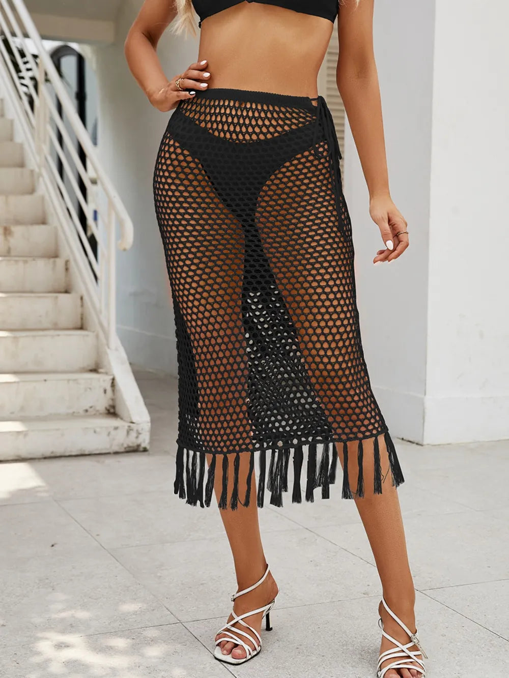 Fringe Openwork High Waist Swim Skirt -  by Trendsi | Available at Handbags Specialist Headquarter