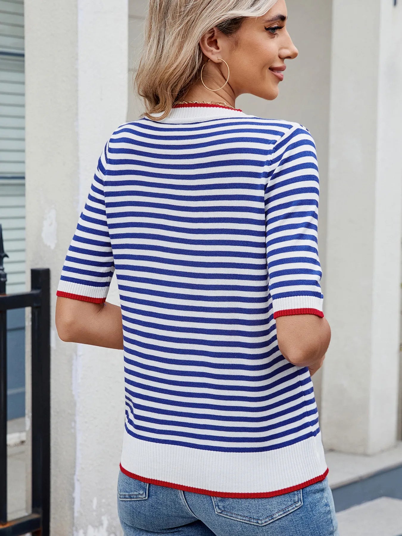 Striped Casual T-Shirt with Contrast Trim - Tops by Trendsi | Available at Handbags Specialist Headquarter