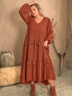 Plus Size Ruffled V-Neck Balloon Sleeve Dress - Dresses by Trendsi | Available at Handbags Specialist Headquarter