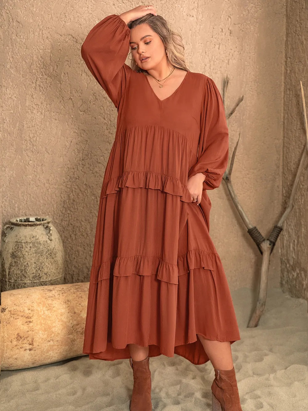 Plus Size Ruffled V-Neck Balloon Sleeve Dress - Dresses by Trendsi | Available at Handbags Specialist Headquarter
