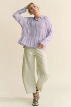 Davi & Dani Ruched All Over Button Front Shirt - Women / Jeans & Denim by Trendsi | Available at Handbags Specialist Headquarter