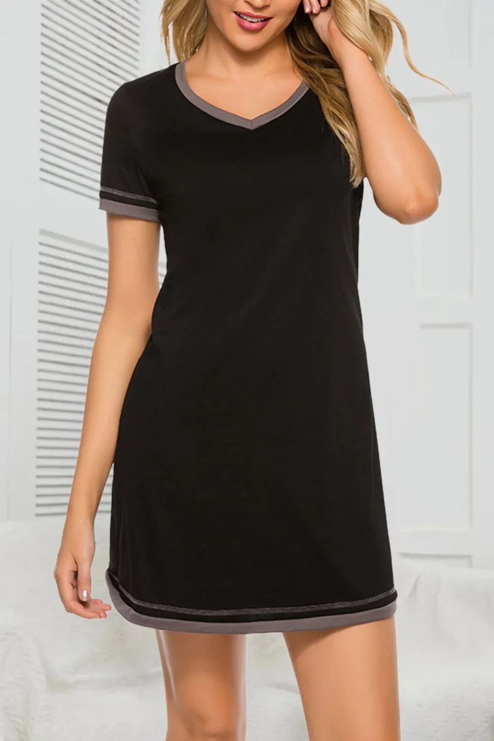 Contrast Trim Short Sleeve Lounge Dress - Sleepwear by Trendsi | Available at Handbags Specialist Headquarter