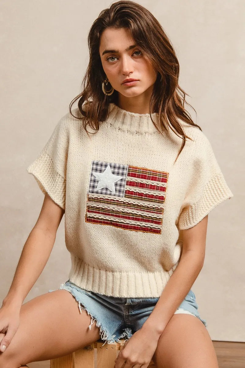 BiBi American Flag Patchwork Drop Shoulder Sweater - Tops by Trendsi | Available at Handbags Specialist Headquarter