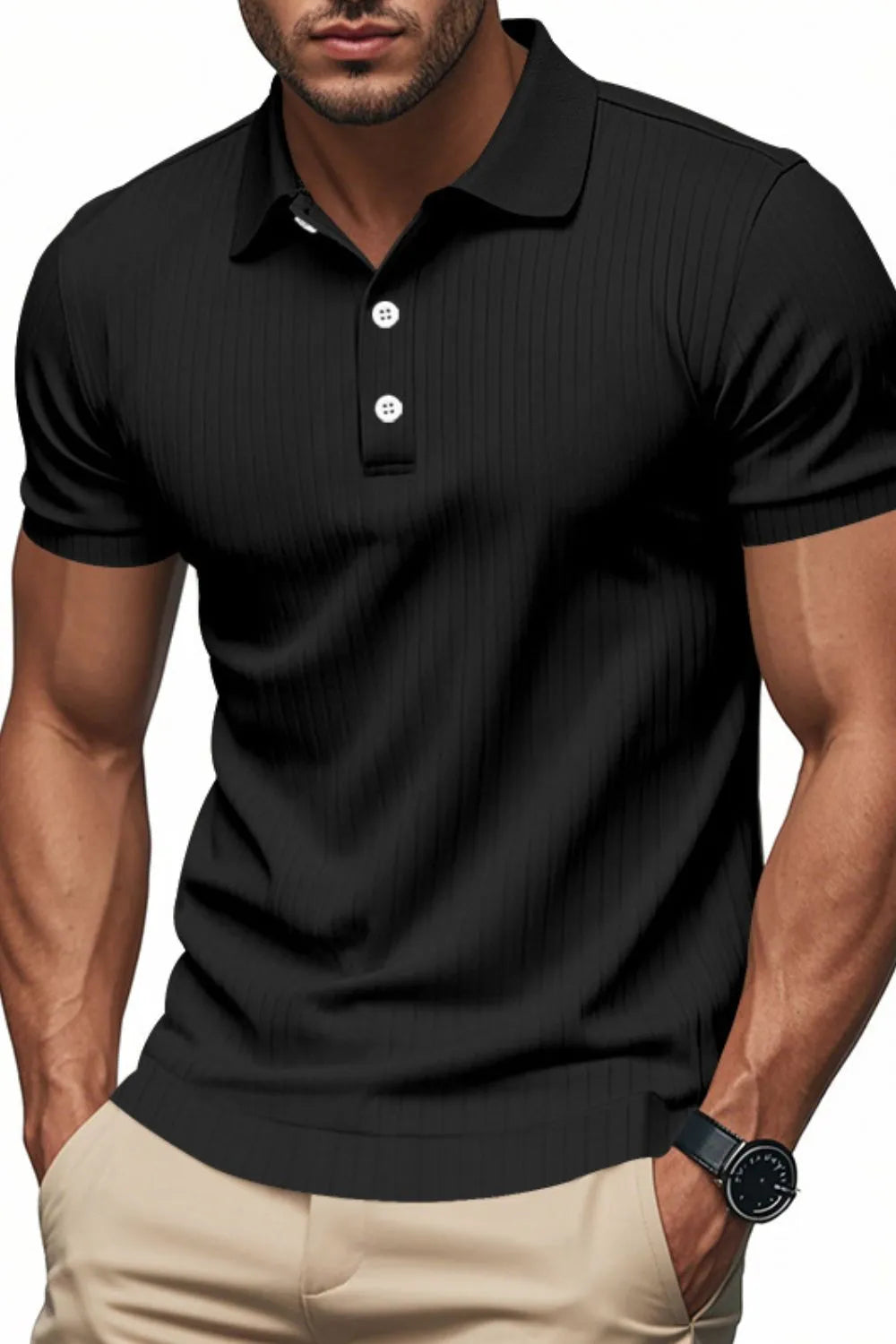 Men's Full Size Ribbed Short Sleeve Polo Plus Size - Men's Polo shirt by Trendsi | Available at Handbags Specialist Headquarter
