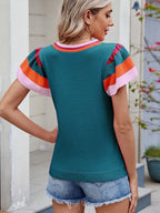Colorblock Striped Short Sleeve Sweater - Tops by Trendsi | Available at Handbags Specialist Headquarter