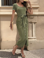 Round Neck Tie-Waist Bodycon Dress - Maxi Dress by Trendsi | Available at Handbags Specialist Headquarter