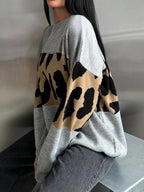 Leopard Color Block Round Neck Sweater - Tops by Trendsi | Available at Handbags Specialist Headquarter