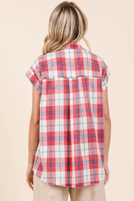 Mittoshop Mineral Wash Plaid Button Down Shirt - Women's Down Shirt Tops by Trendsi | Available at Handbags Specialist Headquarter