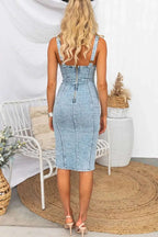 Side Slit Washed Scoop Neck Denim Dress - Women / Jeans & Denim by Trendsi | Available at Handbags Specialist Headquarter