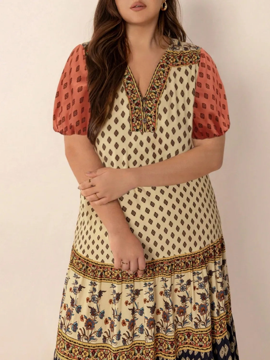 Plus Size Ruched Printed Short Sleeve Midi Dress - Dresses by Trendsi | Available at Handbags Specialist Headquarter