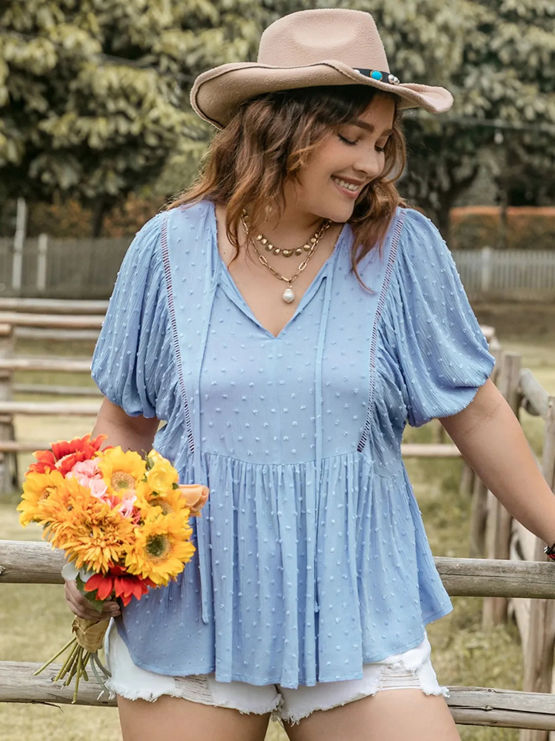 Plus Size Swiss Dot Tie Neck Short Sleeve Blouse - Plus Size Shirts by Trendsi | Available at Handbags Specialist Headquarter