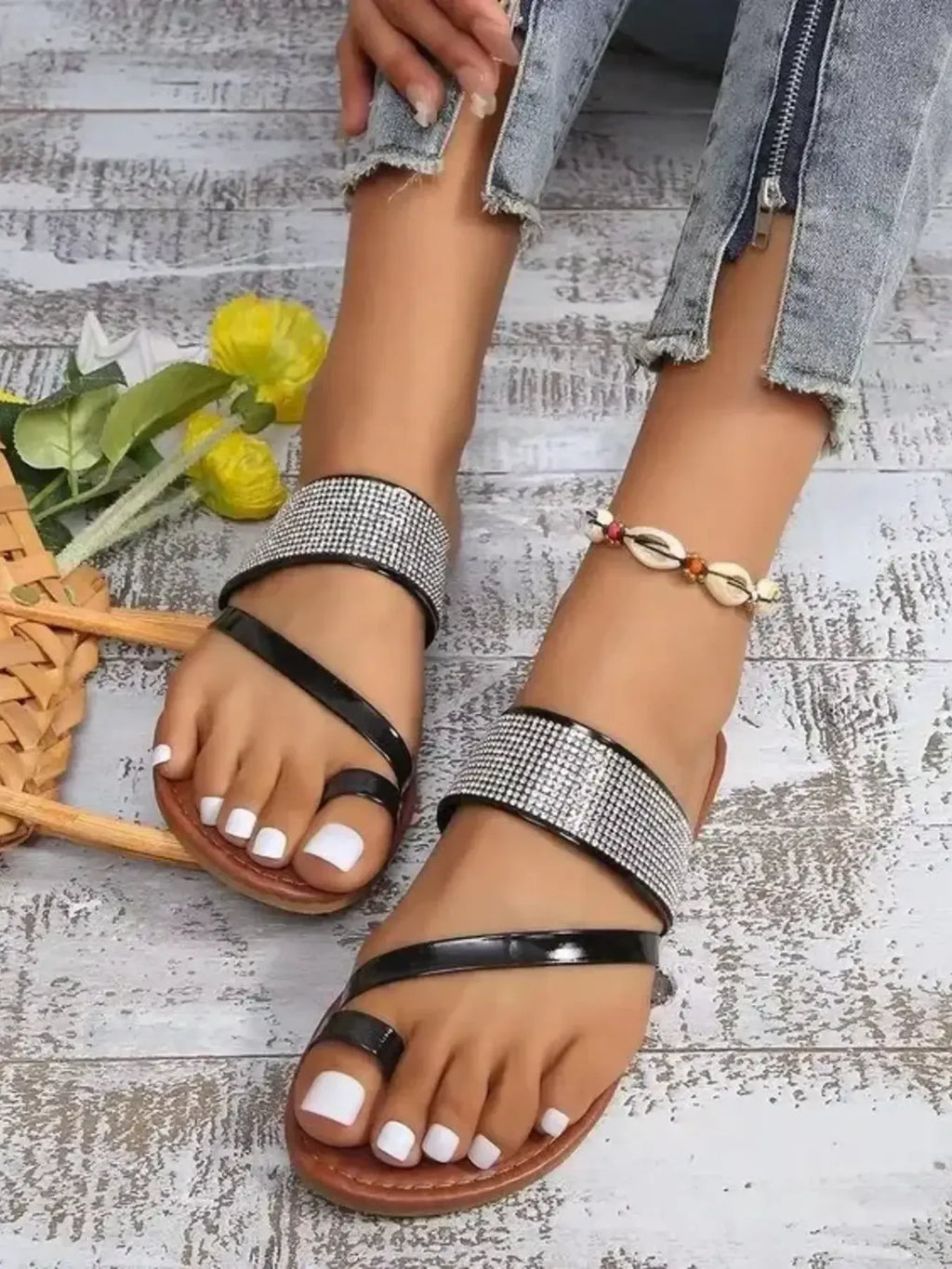 Rhinestone Toe Loop Flats Sandals - Women Sandals by Trendsi | Available at Handbags Specialist Headquarter