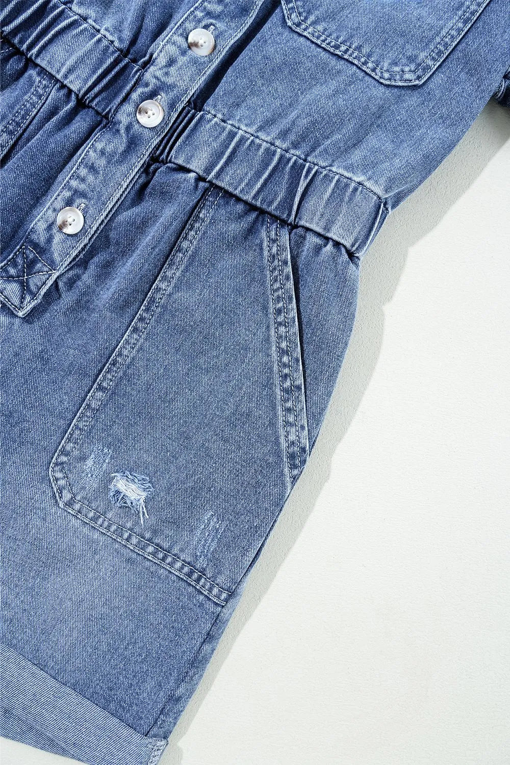 Chest Pocket Front Buttoned Folded Edge Denim Short Sleeve Romper - Women / Jeans & Denim by Trendsi | Available at Handbags Specialist Headquarter