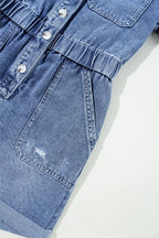 Chest Pocket Front Buttoned Folded Edge Denim Short Sleeve Romper - Women / Jeans & Denim by Trendsi | Available at Handbags Specialist Headquarter