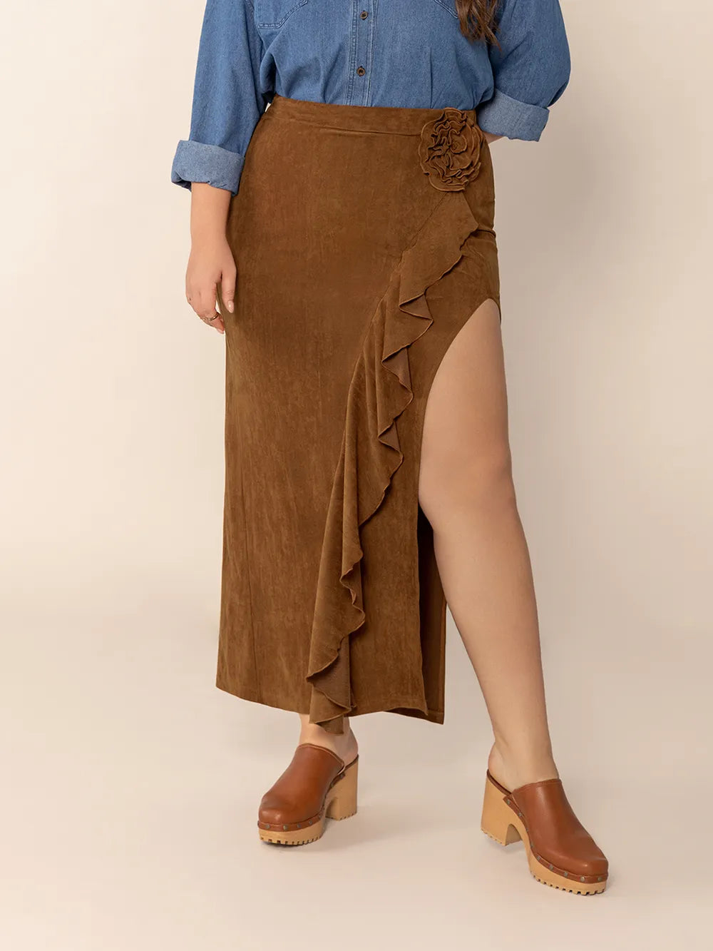 Plus Size Ruffled Slit High Rise Skirt -  by Trendsi | Available at Handbags Specialist Headquarter