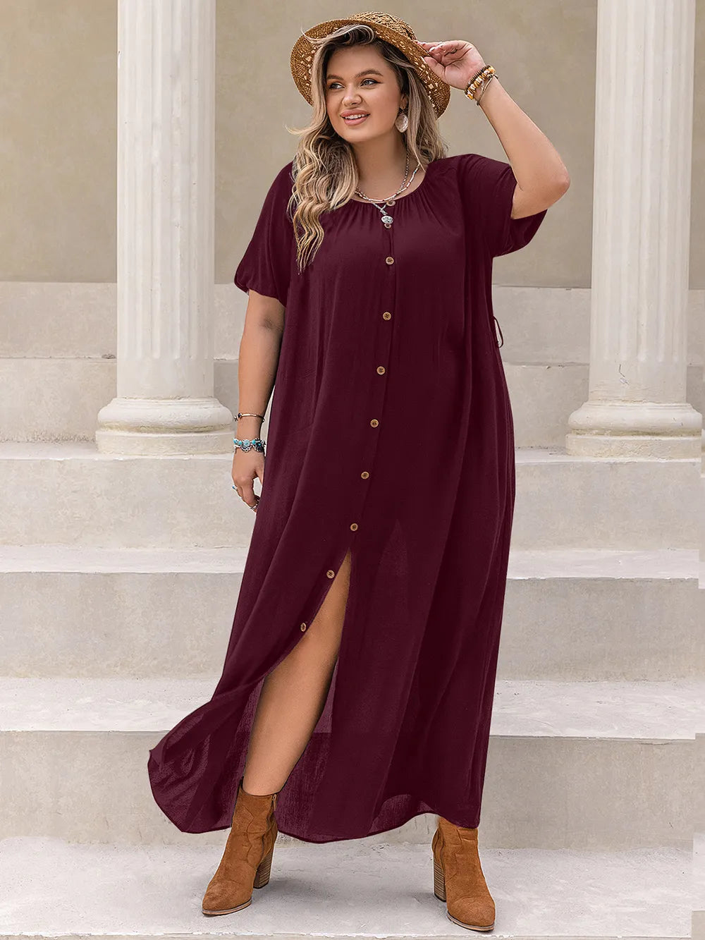 Plus Size Round Neck Half Sleeve Dress - Dresses by Trendsi | Available at Handbags Specialist Headquarter