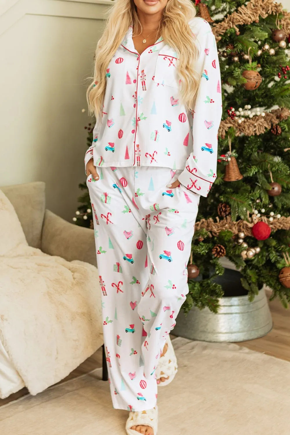 Christmas Printed Collared Neck Top and Pants Lounge Set - Sleepwear by Trendsi | Available at Handbags Specialist Headquarter