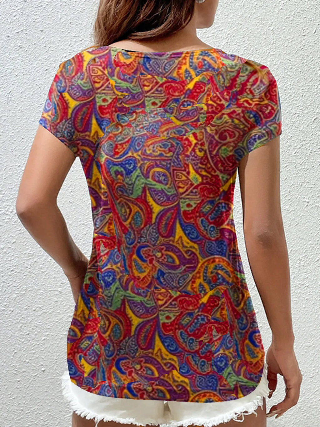 Paisley Print Short Sleeve T-Shirt - Tops by Trendsi | Available at Handbags Specialist Headquarter