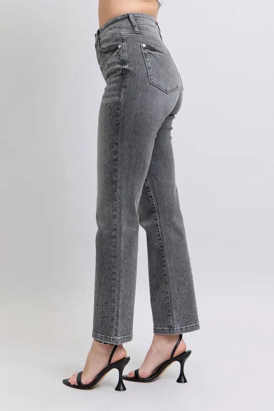 Judy Blue Full Size High Waist Rhinestone Straight Jeans Plus Size - Women / Jeans & Denim by Trendsi | Available at Handbags Specialist Headquarter