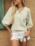 Striped Button Down 3/4 Sleeve Shirt - Women's Down Shirt Tops by Trendsi | Available at Handbags Specialist Headquarter