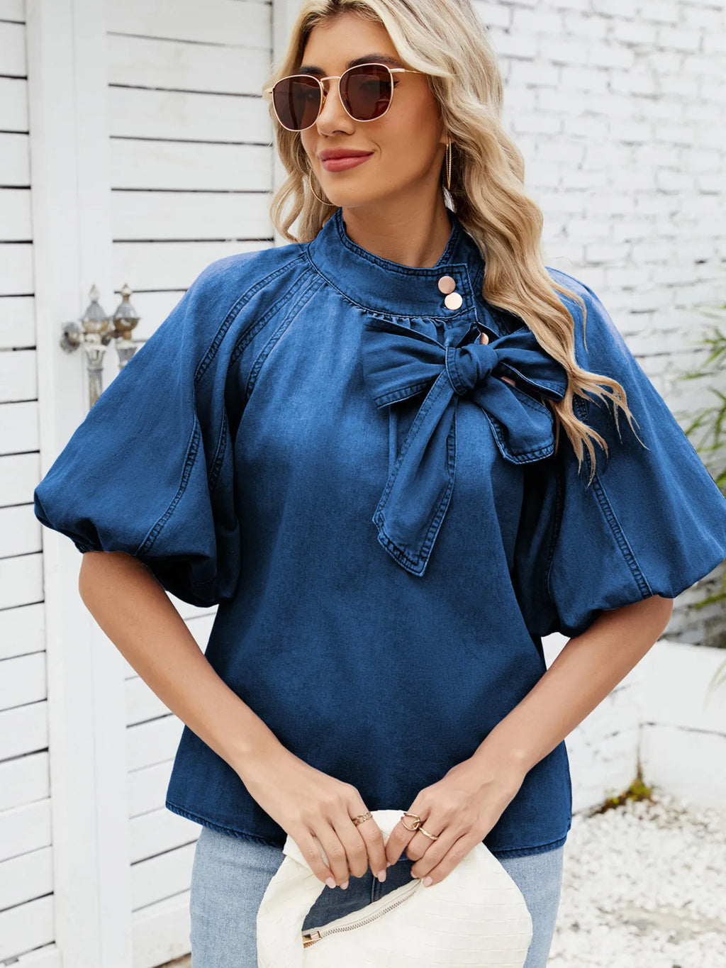 Denim Bow Tie Puff Sleeve Top - Tops by Trendsi | Available at Handbags Specialist Headquarter