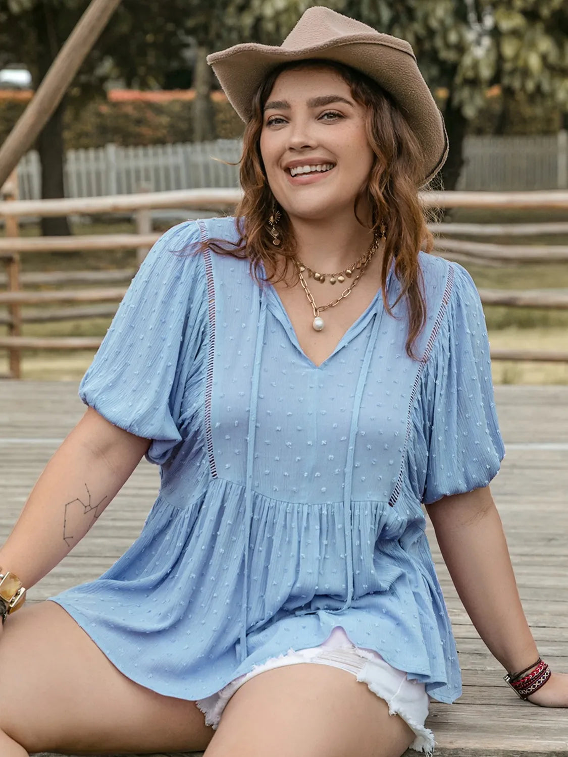 Plus Size Swiss Dot Tie Neck Short Sleeve Blouse - Plus Size Shirts by Trendsi | Available at Handbags Specialist Headquarter