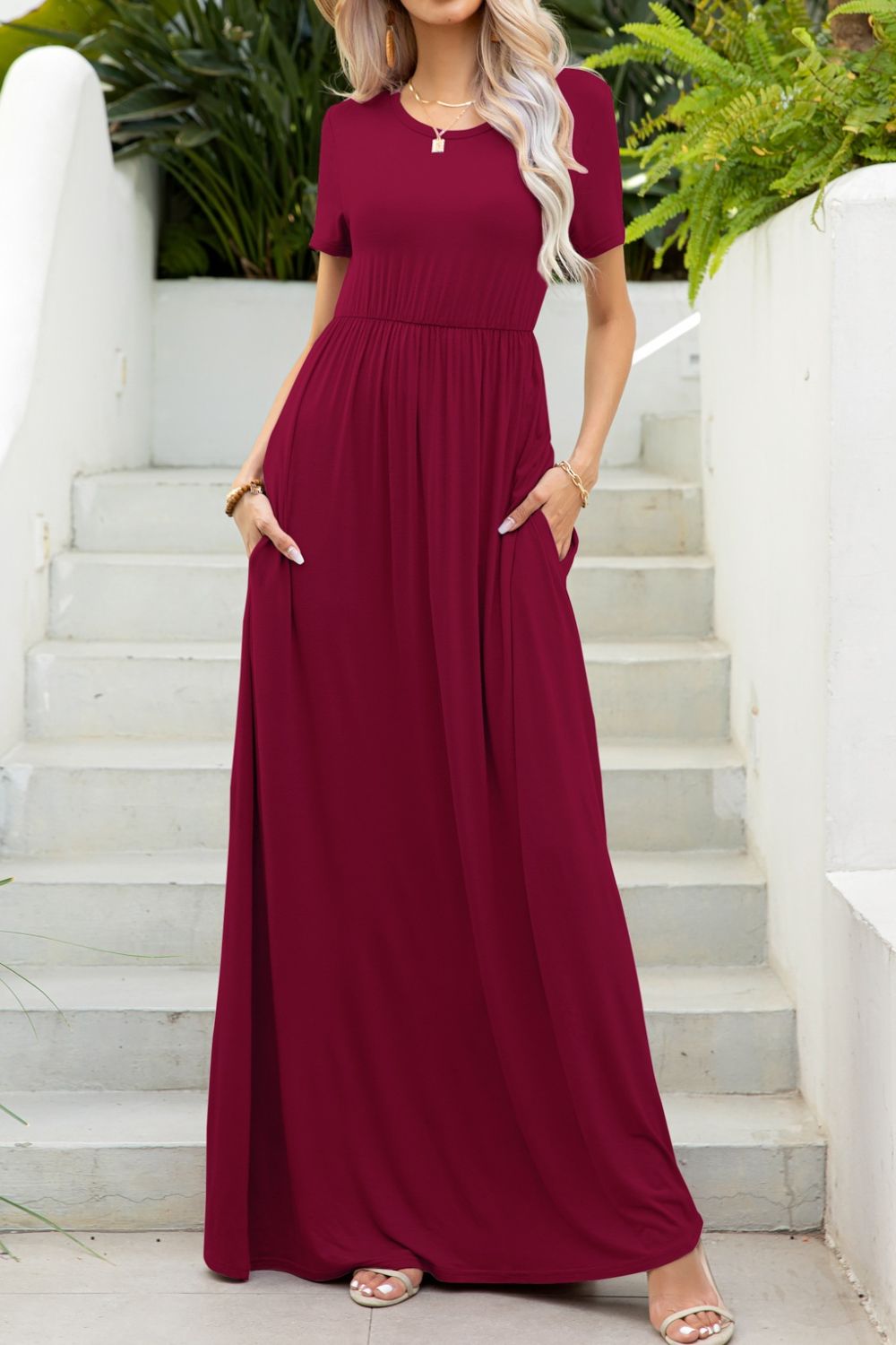 Round Neck Maxi Tee Dress with Pockets - Maxi Dress by Trendsi | Available at Handbags Specialist Headquarter