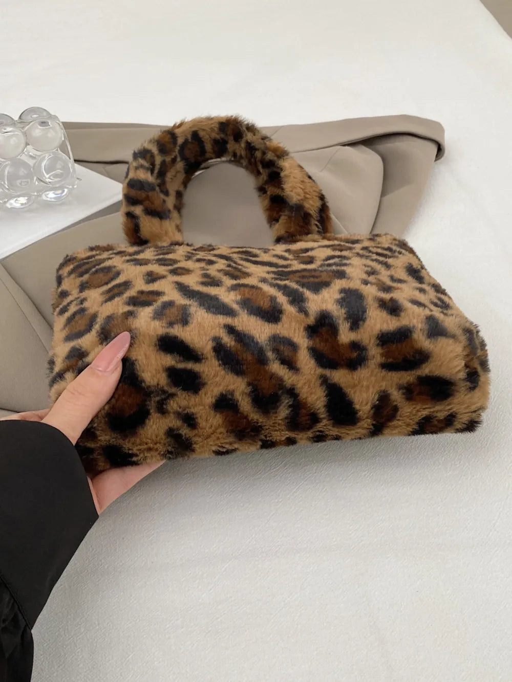 Leopard Fluff Handbag with Zip - handbags by Trendsi | Available at Handbags Specialist Headquarter