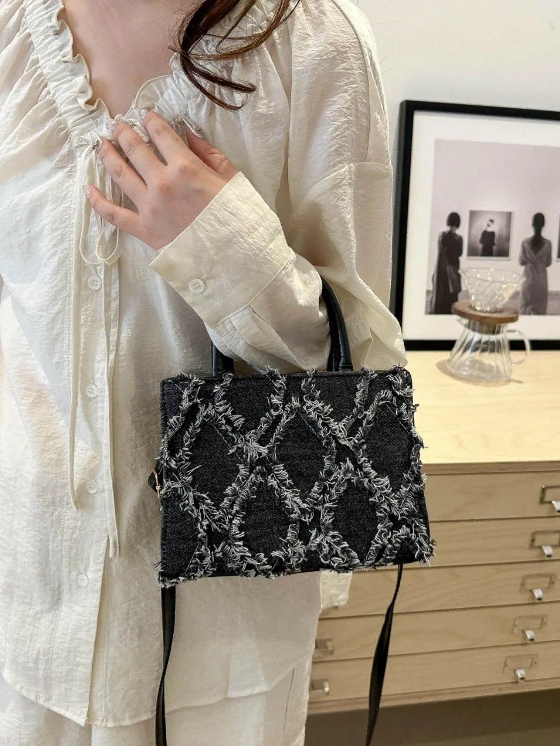 Raw Hem Denim PU Leather Handbag - Tote Bag by Trendsi | Available at Handbags Specialist Headquarter